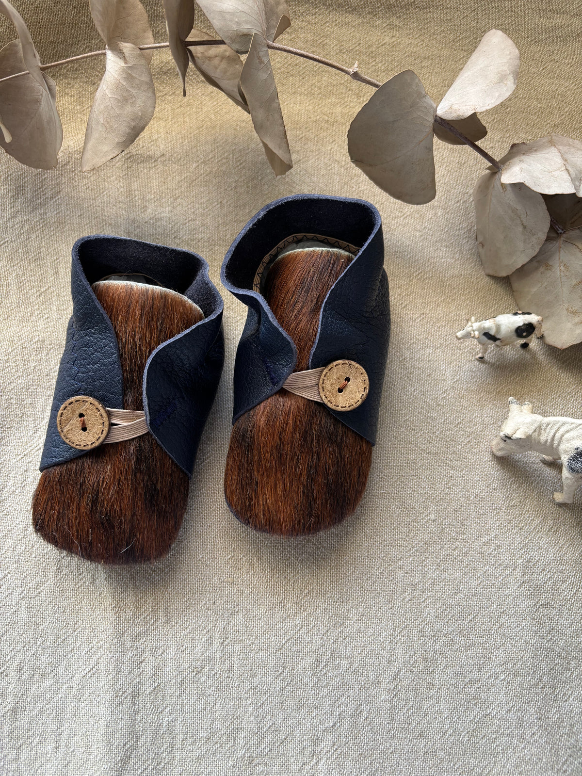 13cm Button Bootie - Navy Leather & Cowhide