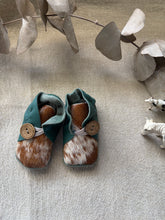 Load image into Gallery viewer, 11cm Button Bootie - Teal Leather & Cowhide
