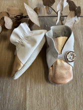 Load image into Gallery viewer, 9cm Button Bootie - White & Rose Gold Leather