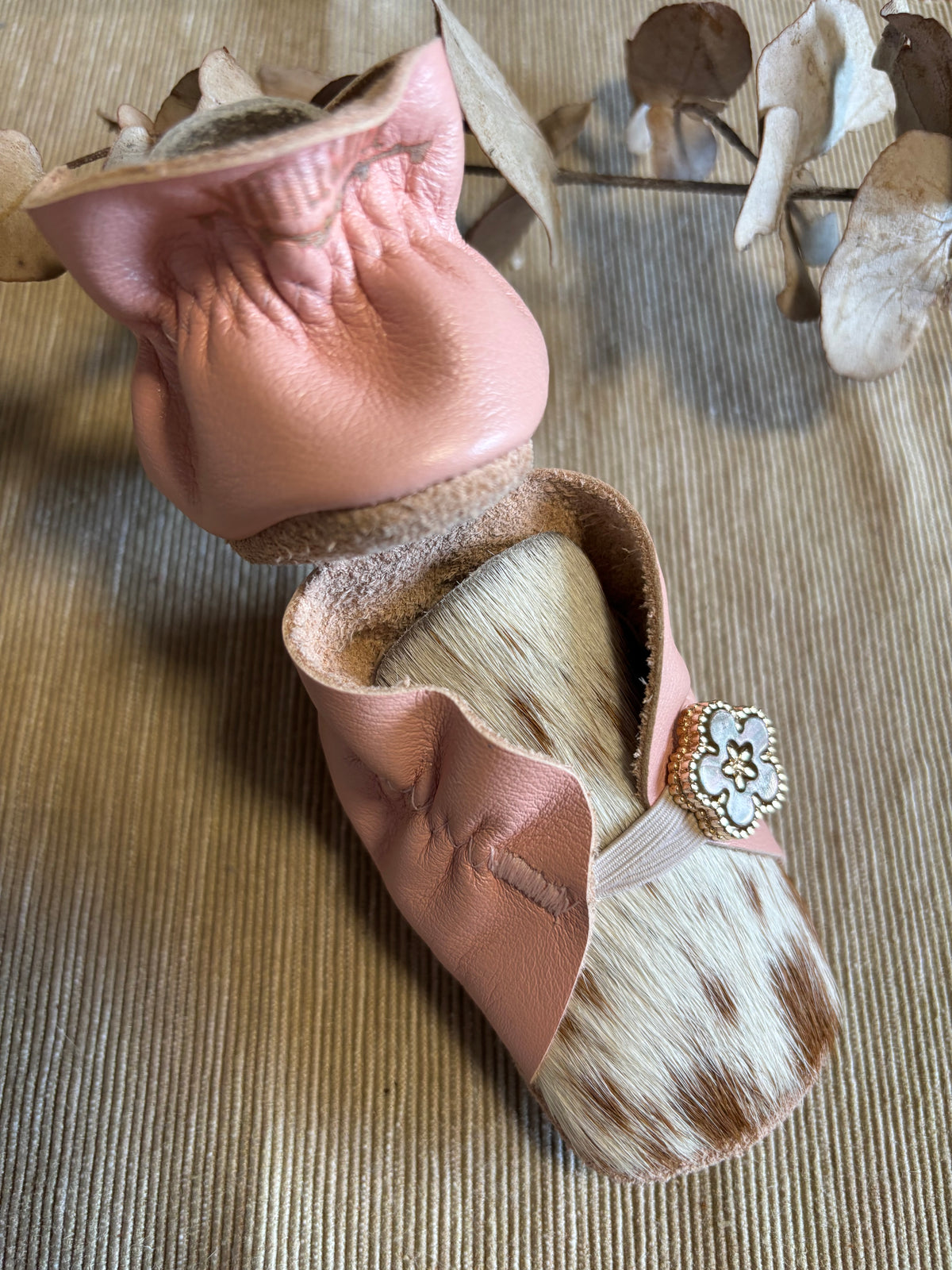 10cm Button Bootie - Pink Leather & Cowhide