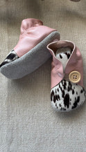Load image into Gallery viewer, 12cm Button Bootie - Pink Leather & Splatter Painted Print Cowhide