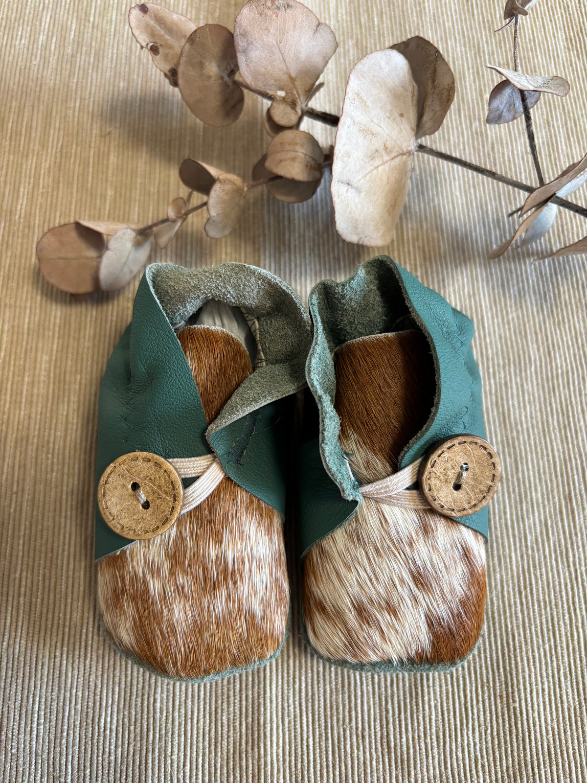 11cm Button Bootie - Teal Leather & Cowhide