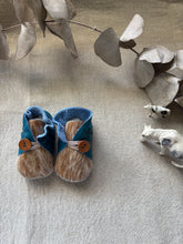 Load image into Gallery viewer, 10cm Button Bootie - Teal Leather & Cowhide