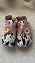 Load image into Gallery viewer, 12cm Button Bootie - Pink Leather & Splatter Painted Print Cowhide