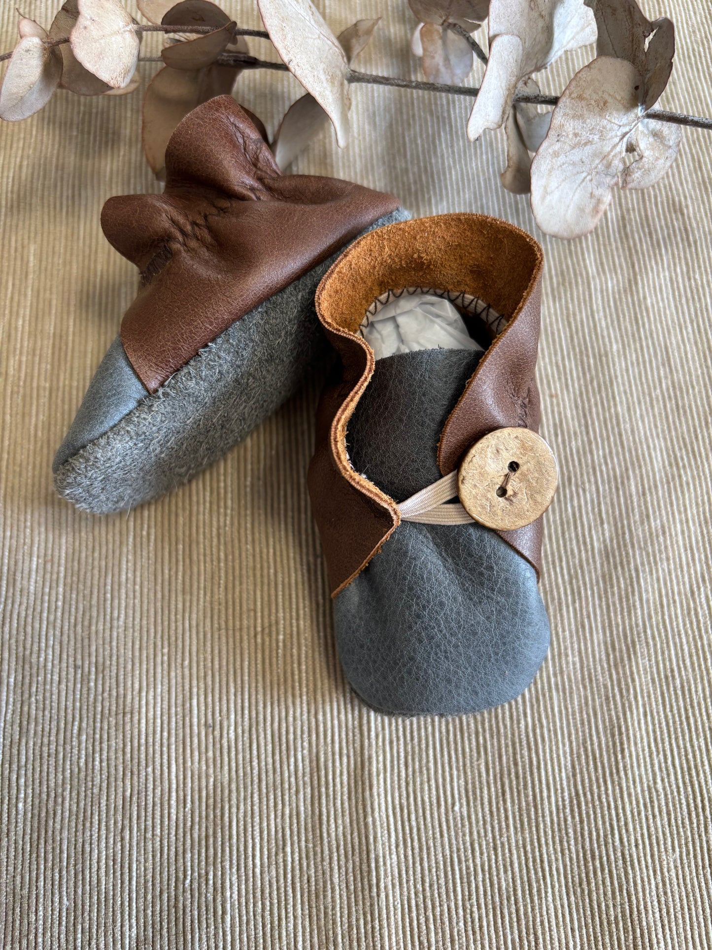 10cm Button Bootie - Dark Tan & Denim Blue Leather