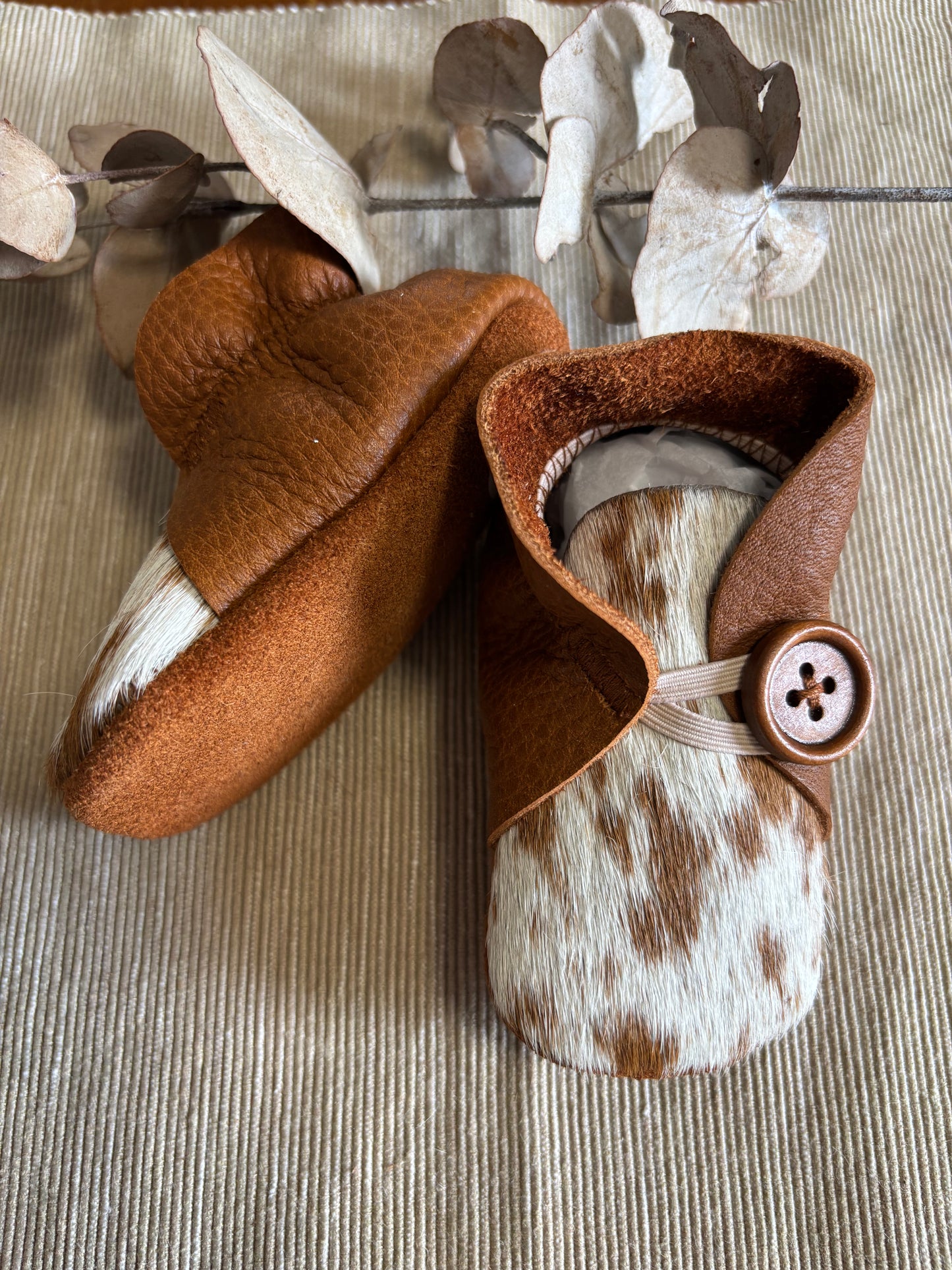 11cm Button Bootie - Tan Leather & Cowhide