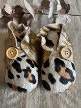 Load image into Gallery viewer, 12cm Button Bootie - Gold Leather and Painted Leopard Print Cowhide