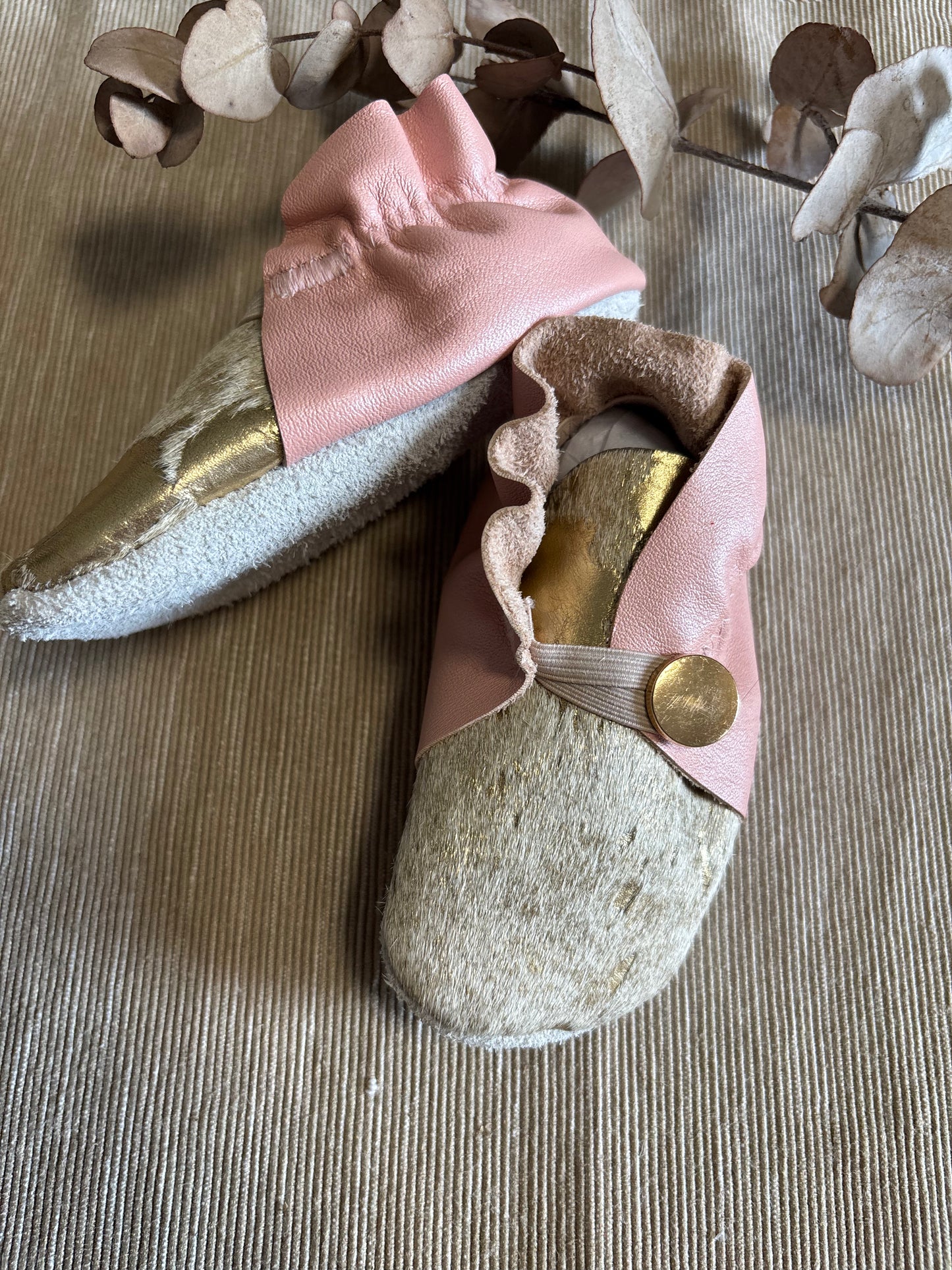 13cm Button Bootie - Pink Leather and Gold Cowhide