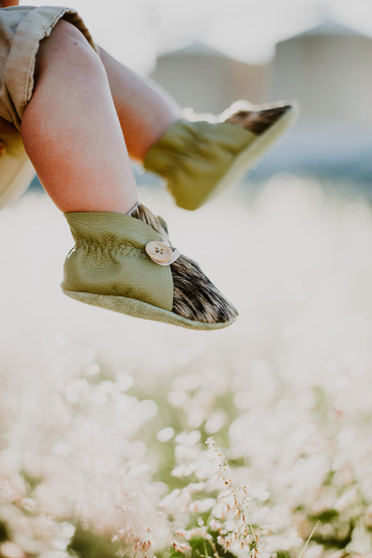 Button Bootie - Green & Cowhide