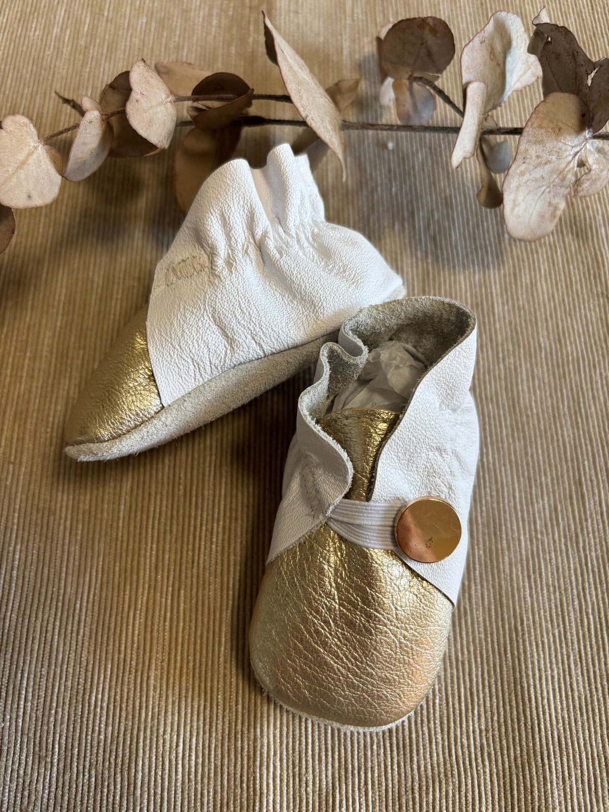 10cm Button Bootie - White & Gold Leather