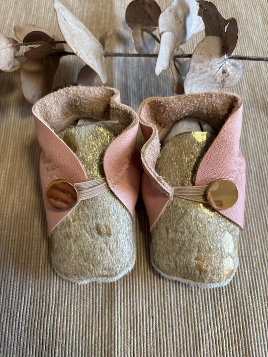 9cm Button Bootie - Pink Leather & Gold Cowhide