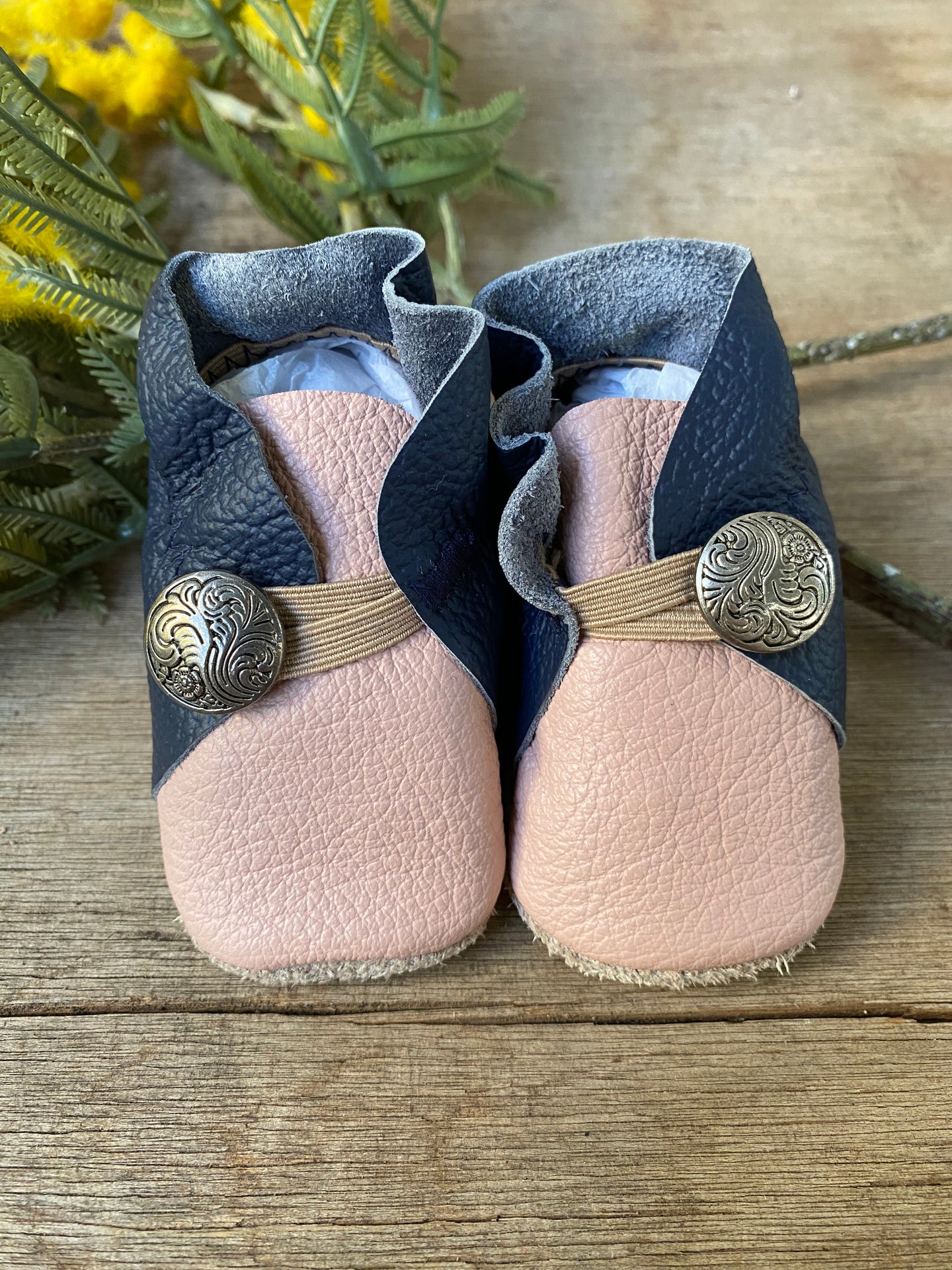 Button Bootie -Navy & Pink Leather