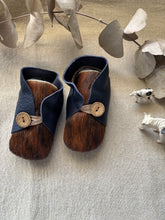 Load image into Gallery viewer, 13cm Button Bootie - Navy Leather &amp; Cowhide
