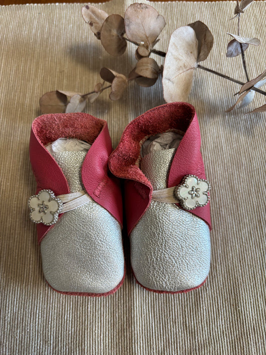 11cm Button Bootie - Silver & Raspberry Leather
