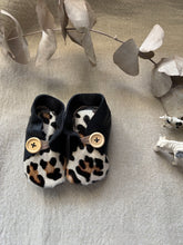 Load image into Gallery viewer, 12cm Button Bootie - Black Leather &amp; Painted Leopard Print Cowhide
