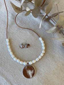 Genuine Cowhide Pendant & Freshwater Pearl Necklace with matching Cowhide Studs