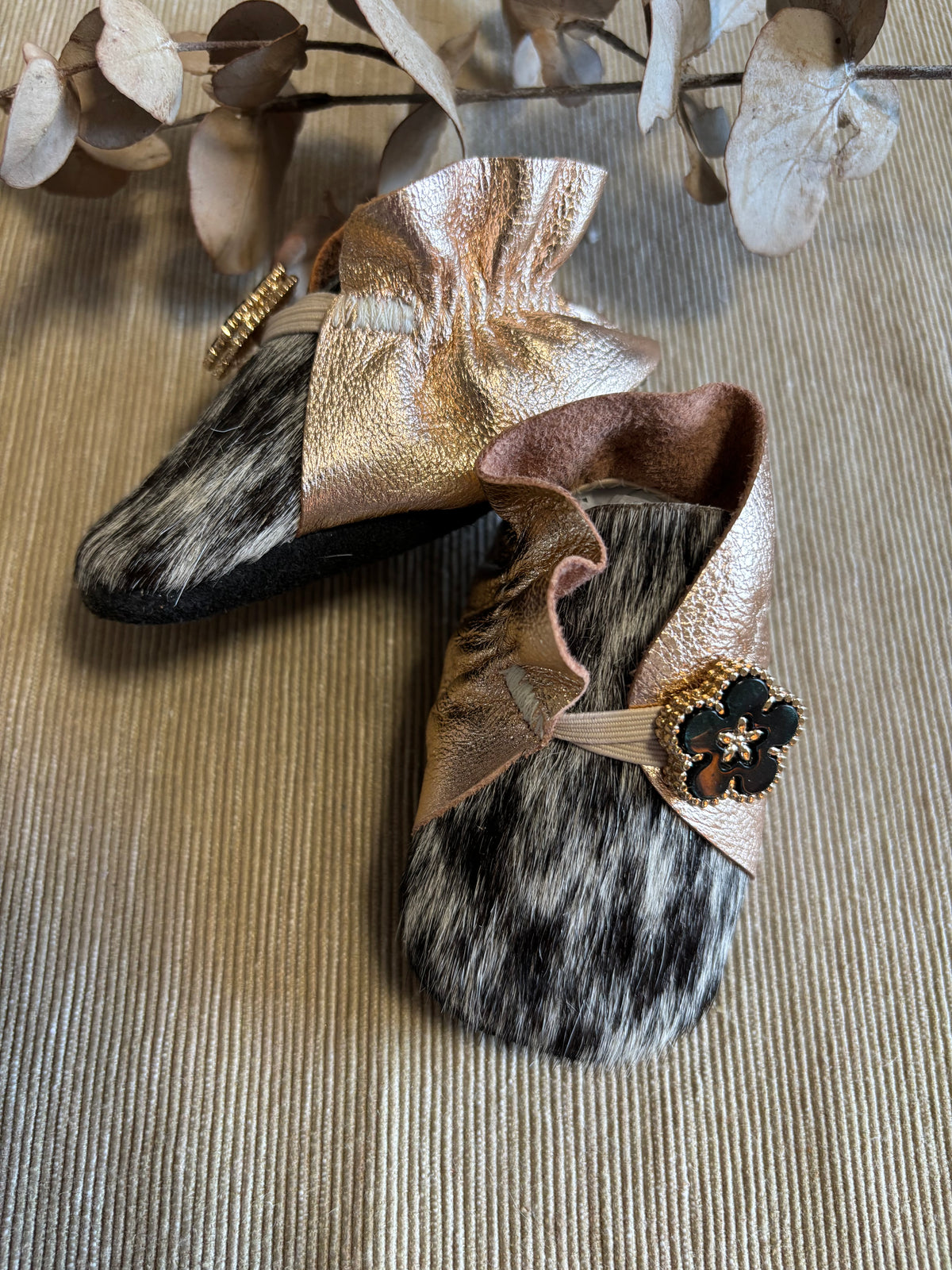 10cm Button Bootie - Rose Gold Leather & Cowhide