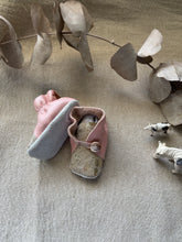 Load image into Gallery viewer, 13cm Button Bootie - Pink Leather and Gold Cowhide
