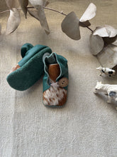 Load image into Gallery viewer, 11cm Button Bootie - Teal Leather &amp; Cowhide
