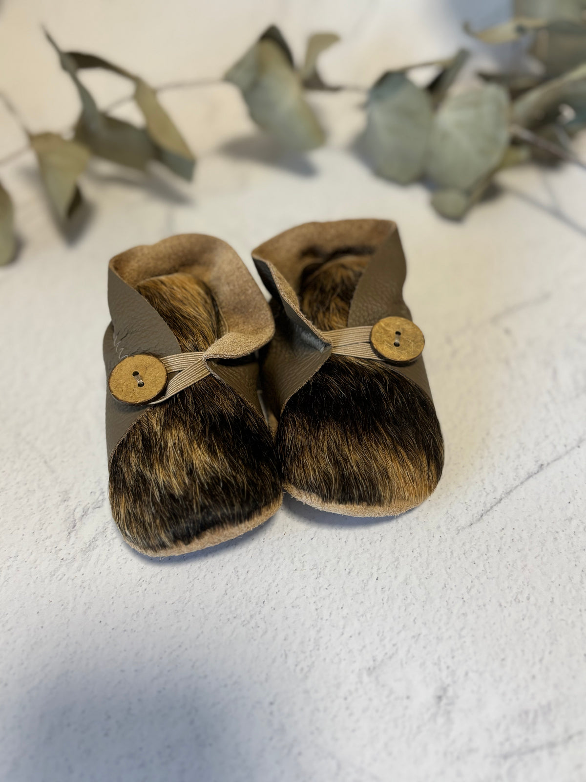13cm Button Bootie - Mink Leather & Cowhide
