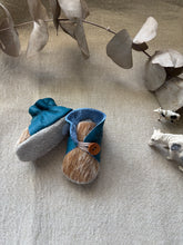 Load image into Gallery viewer, 10cm Button Bootie - Teal Leather &amp; Cowhide
