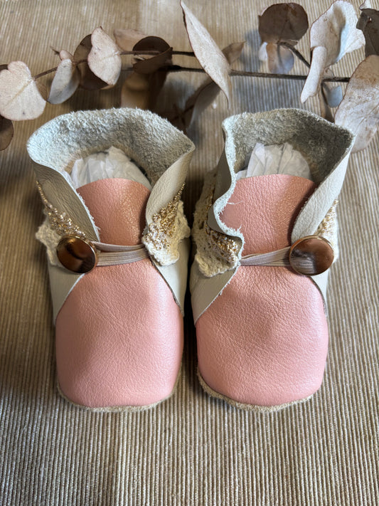 11cm Button Bootie - Pink Pearl & Cream Leather