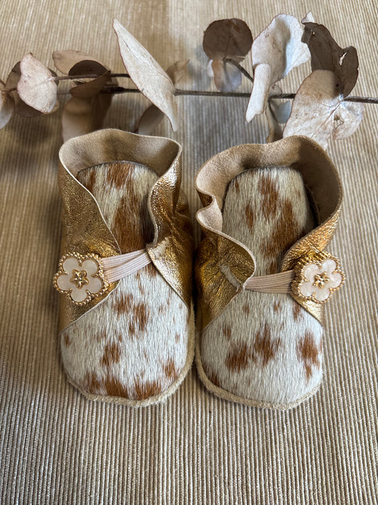 10cm Button Bootie - Gold Leather & Cowhide