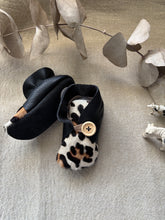 Load image into Gallery viewer, 12cm Button Bootie - Black Leather &amp; Painted Leopard Print Cowhide
