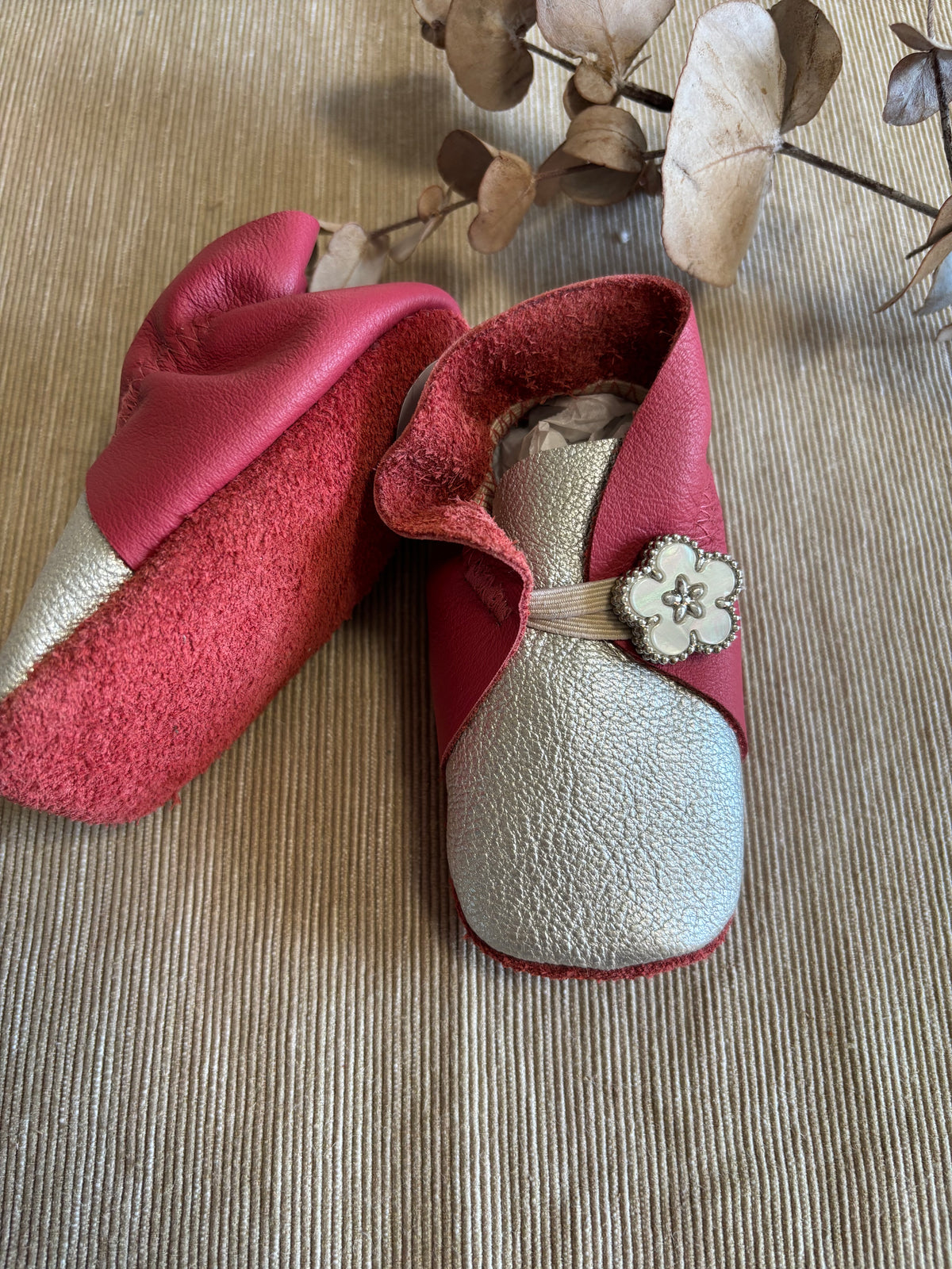 11cm Button Bootie - Silver & Raspberry Leather
