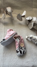 Load image into Gallery viewer, 12cm Button Bootie - Pink Leather &amp; Splatter Painted Print Cowhide
