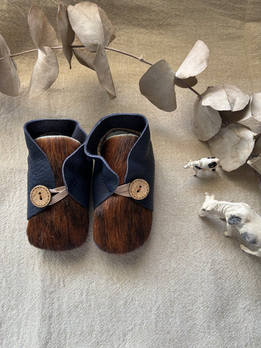13cm Button Bootie - Navy Leather & Cowhide