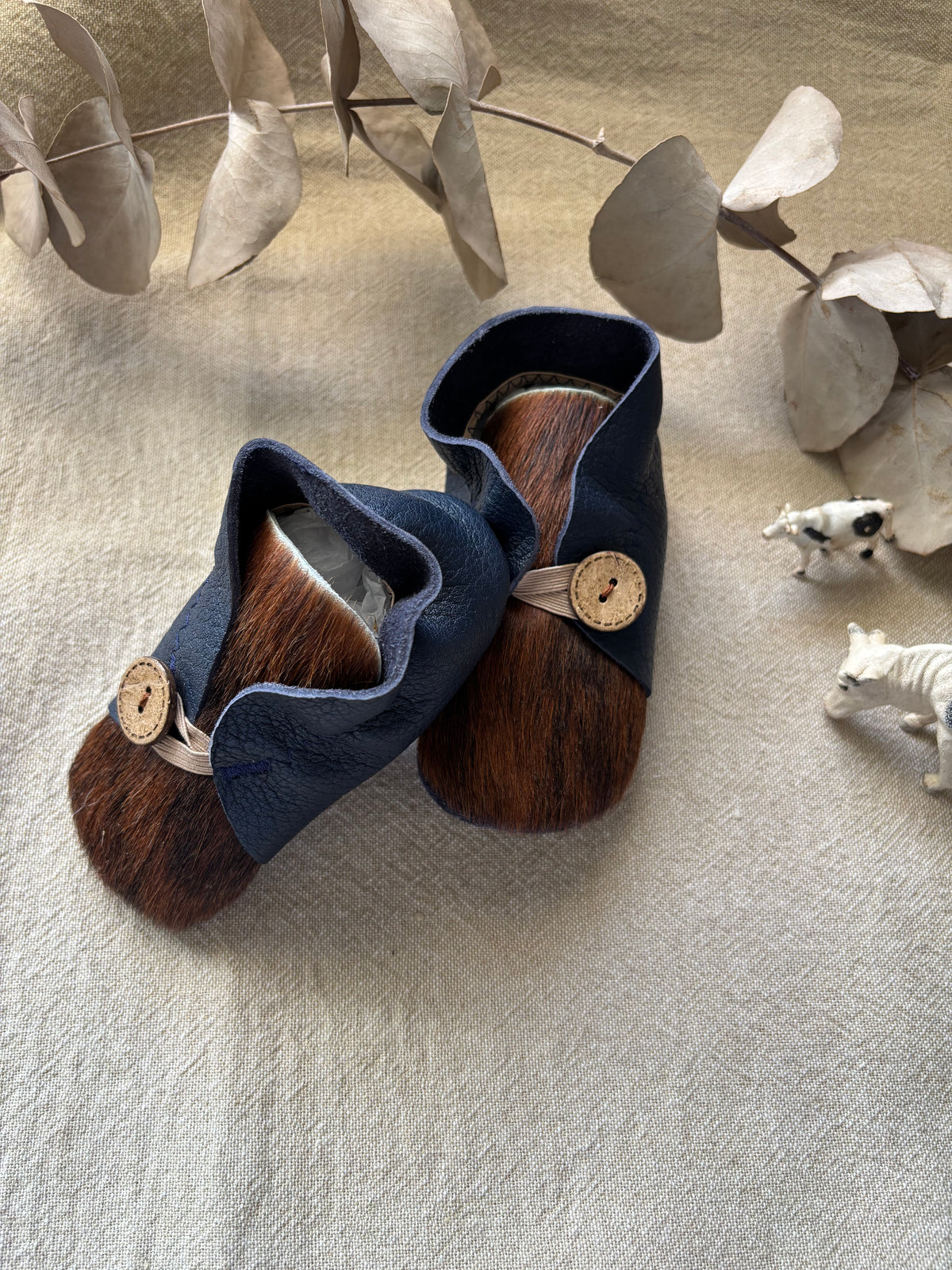 13cm Button Bootie - Navy Leather & Cowhide