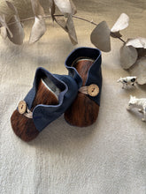 Load image into Gallery viewer, 13cm Button Bootie - Navy Leather &amp; Cowhide
