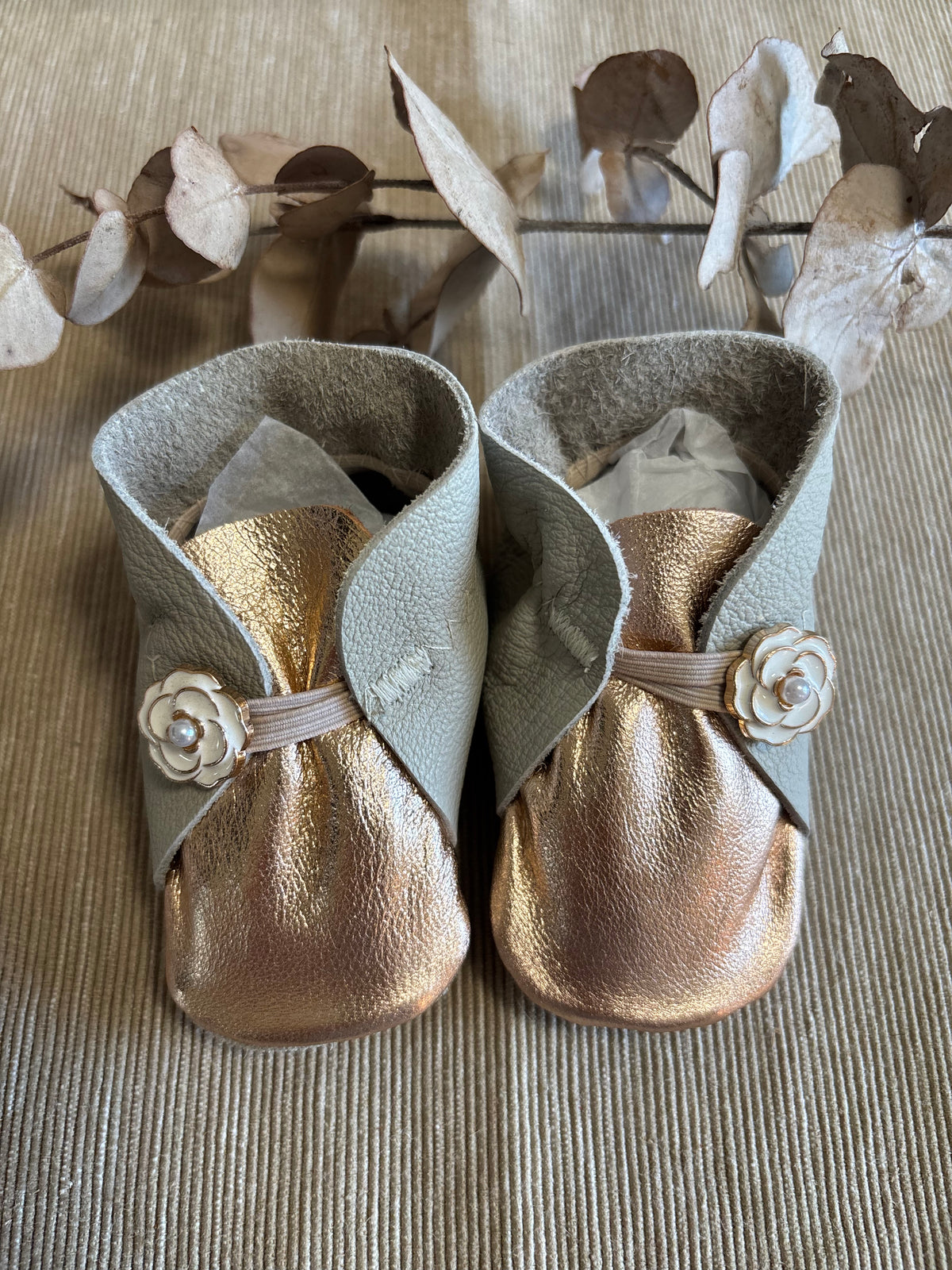 10cm Button Bootie - Grey & Rose Gold Leather