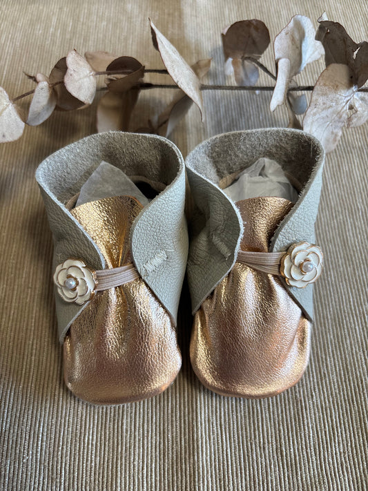 10cm Button Bootie - Grey & Rose Gold Leather
