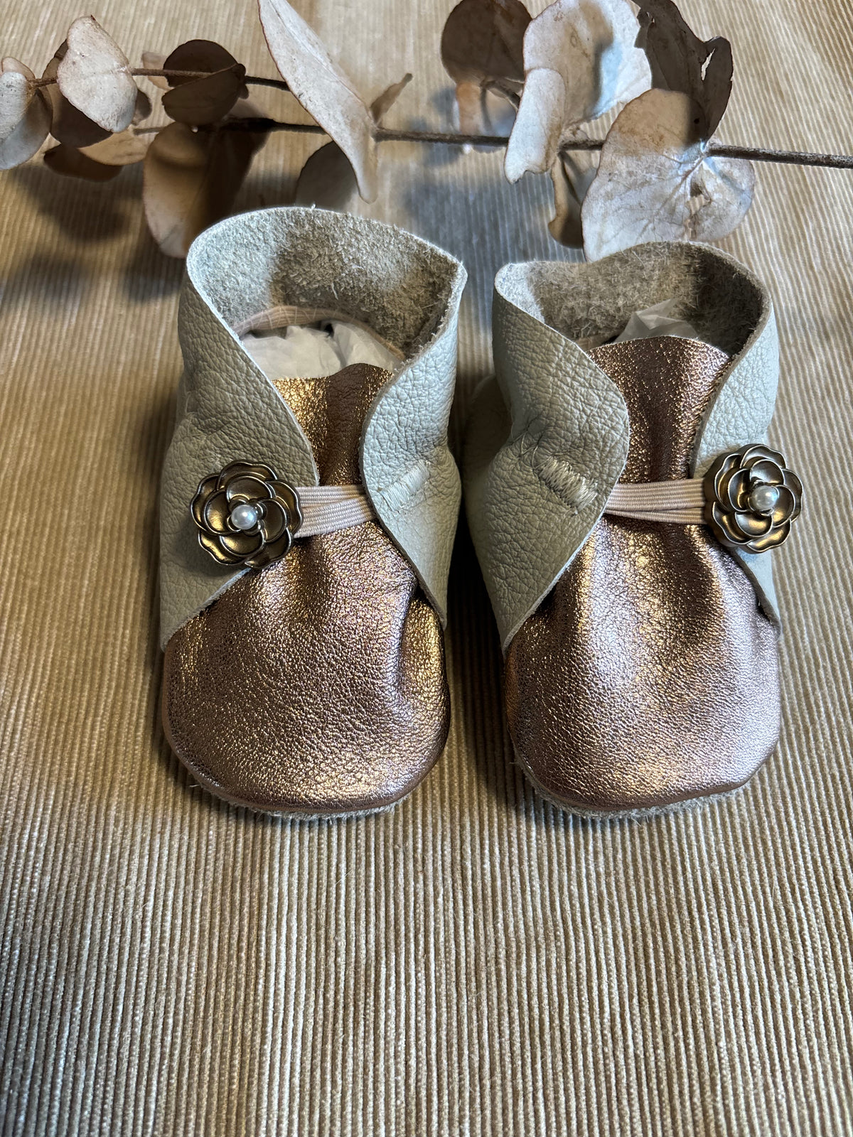 10cm Button Bootie - Grey & Rose Gold Leather