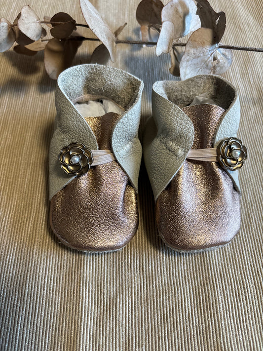 10cm Button Bootie - Grey & Rose Gold Leather