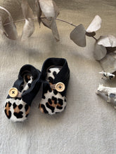 Load image into Gallery viewer, 12cm Button Bootie - Black Leather &amp; Painted Leopard Print Cowhide
