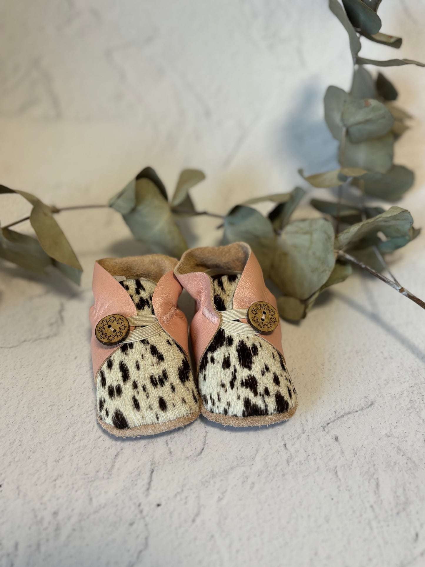 Button Bootie -Pink & Splatter Painted Cowhide