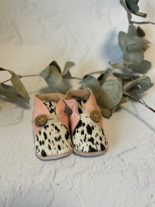 Button Bootie -Pink & Splatter Painted Cowhide