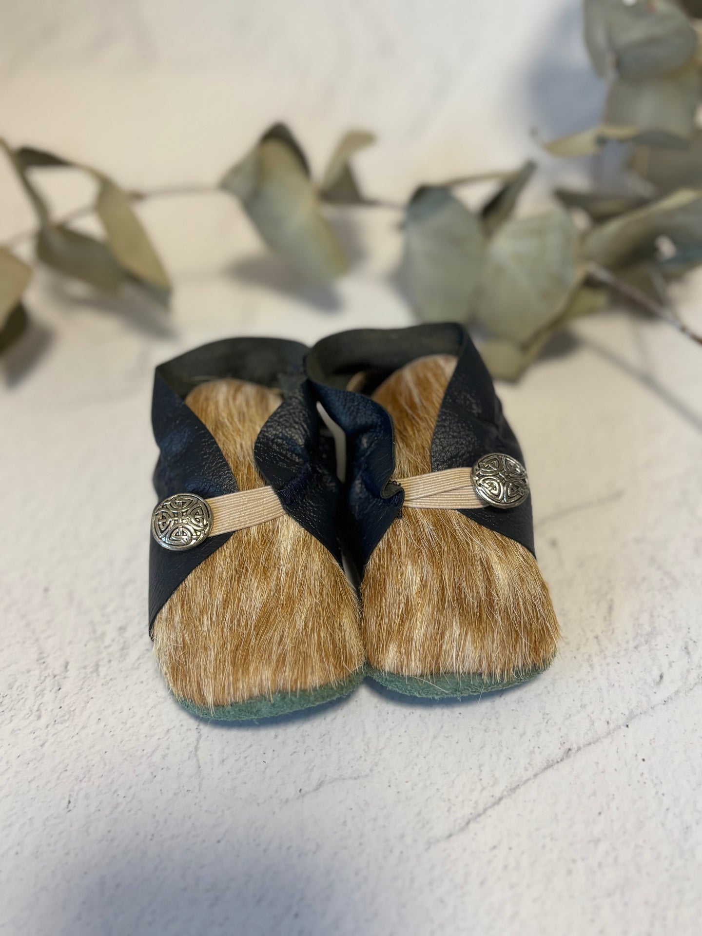 Button Bootie - Navy Leather and Cowhide