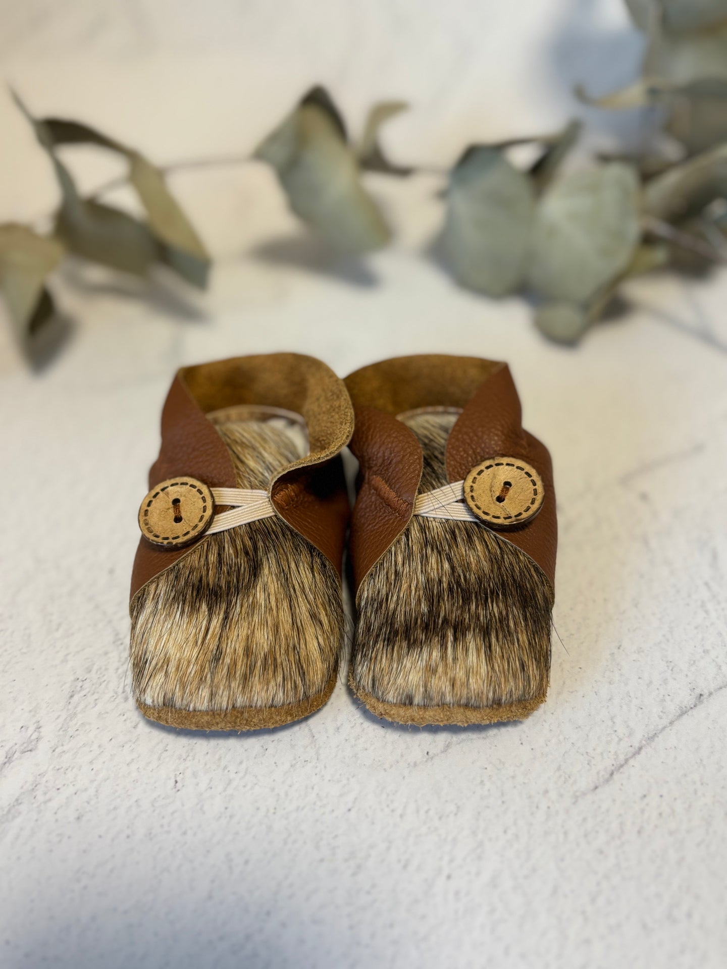 Button Bootie - Tan Leather and Cowhide