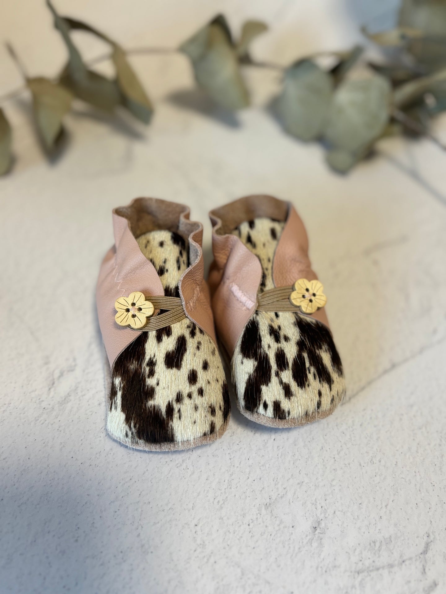 Button Bootie - Light Pink & Paint Splatter Cowhide