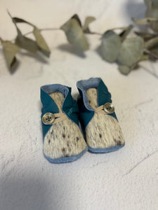 Button Bootie - Turquoise Leather and Cowhide