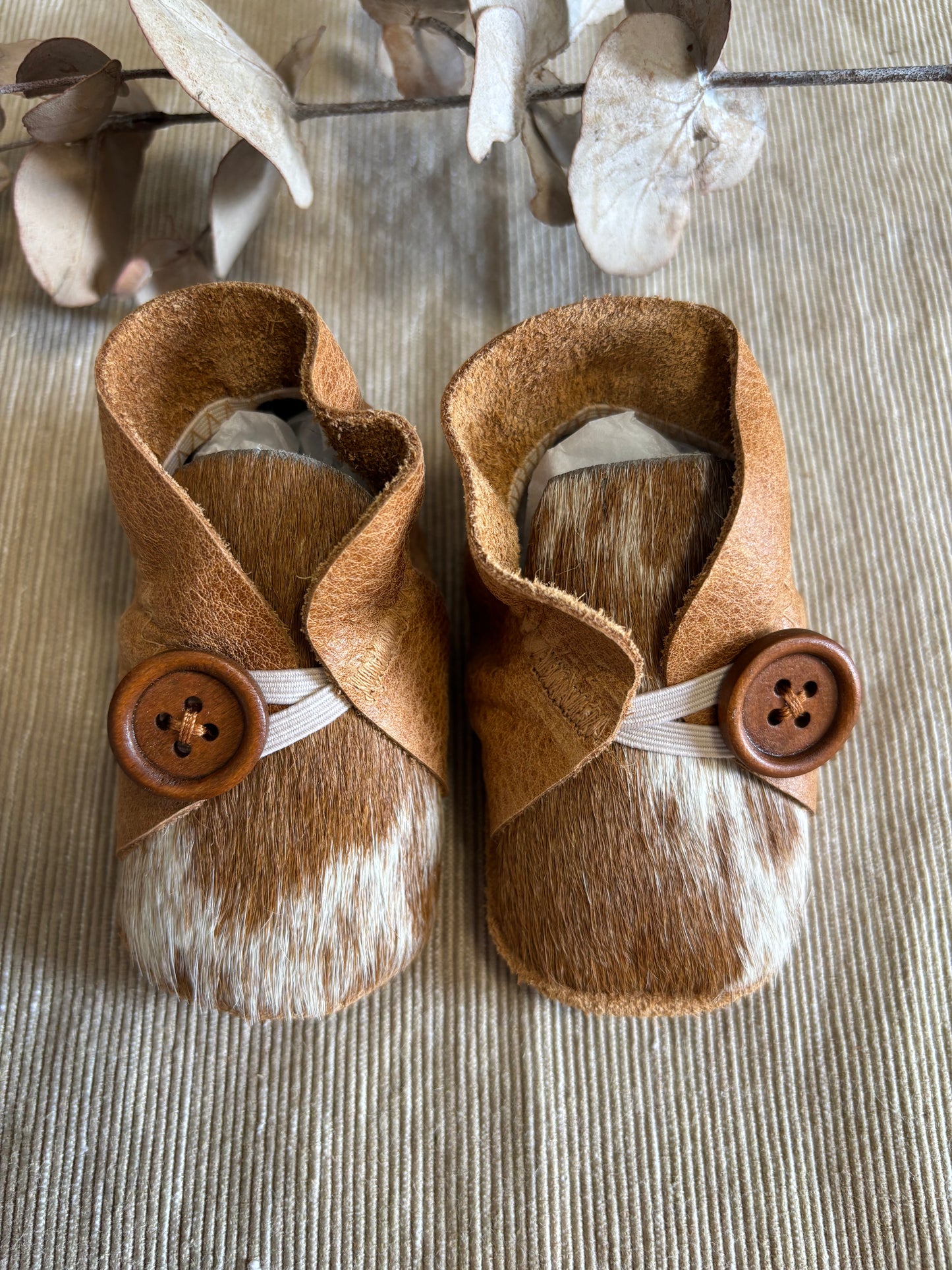 10cm Button Bootie - Light Tan Leather & Cowhide