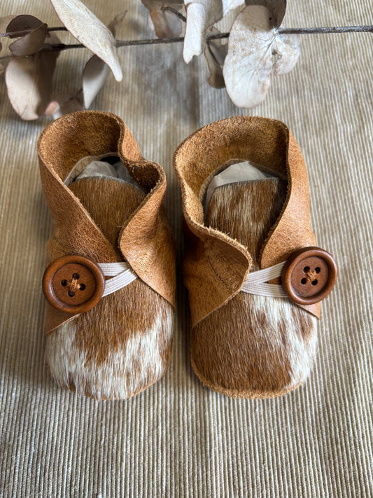 10cm Button Bootie - Light Tan Leather & Cowhide