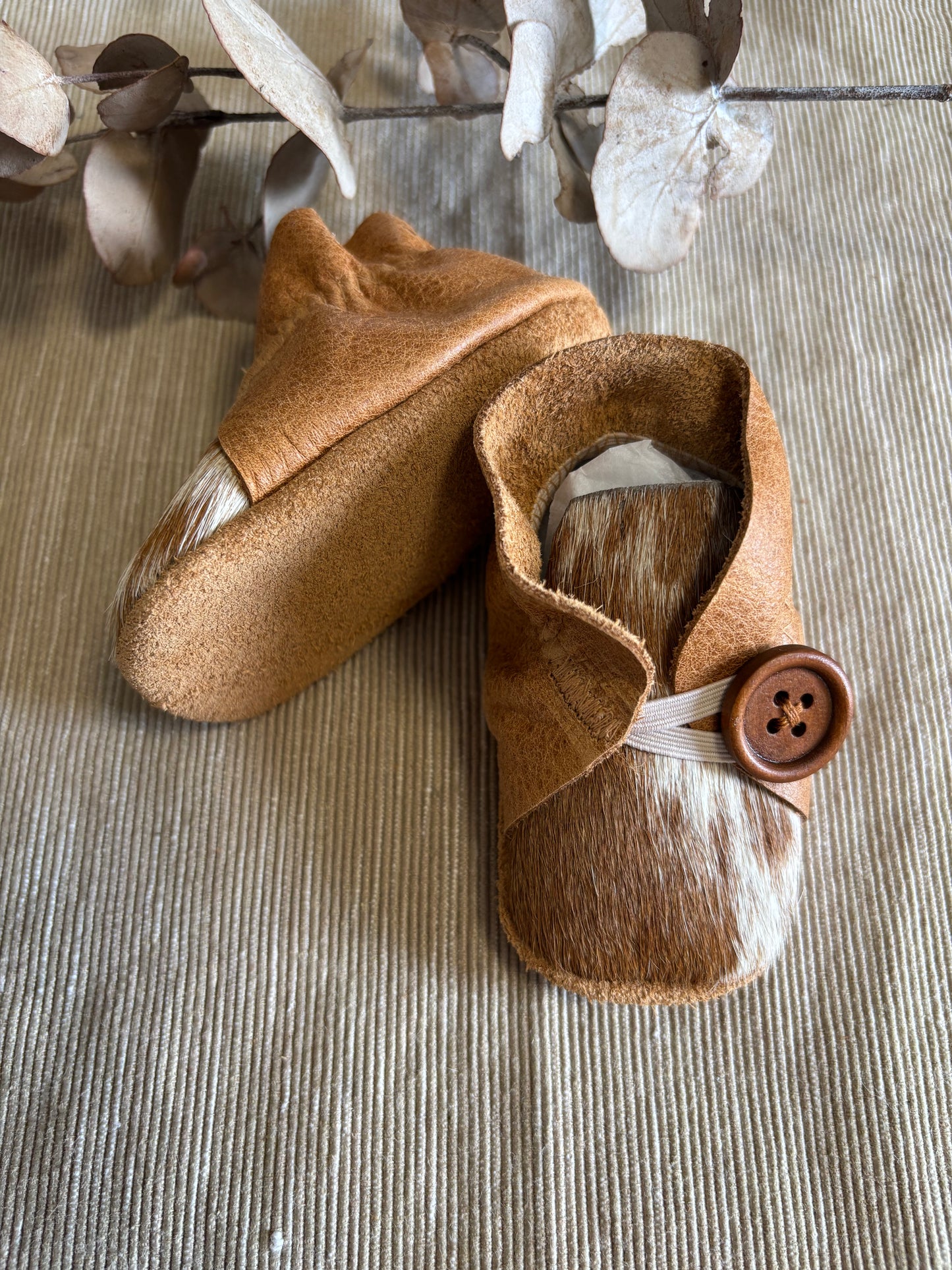 10cm Button Bootie - Light Tan Leather & Cowhide