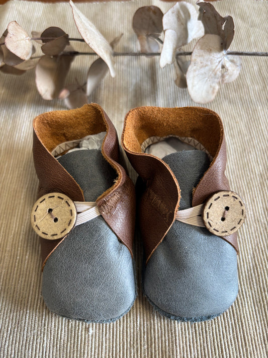 10cm Button Bootie - Dark Tan & Denim Blue Leather