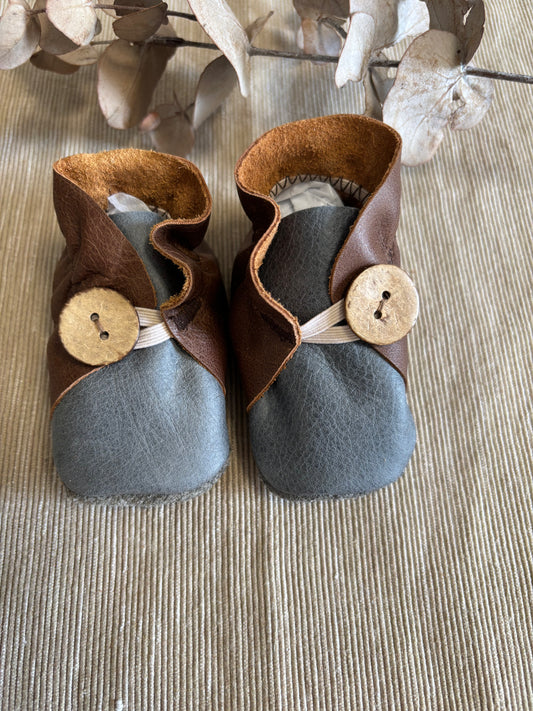 10cm Button Bootie - Dark Tan & Denim Blue Leather