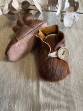 Load image into Gallery viewer, 10cm Button Bootie - Dark Tan Leather &amp; Cowhide
